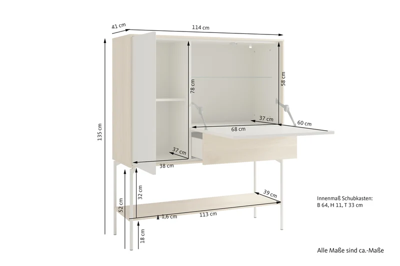 Highboard LABOE 03, Korpus und Fronten in Melamin, Eichefarbig Bianco hell und seidengrau