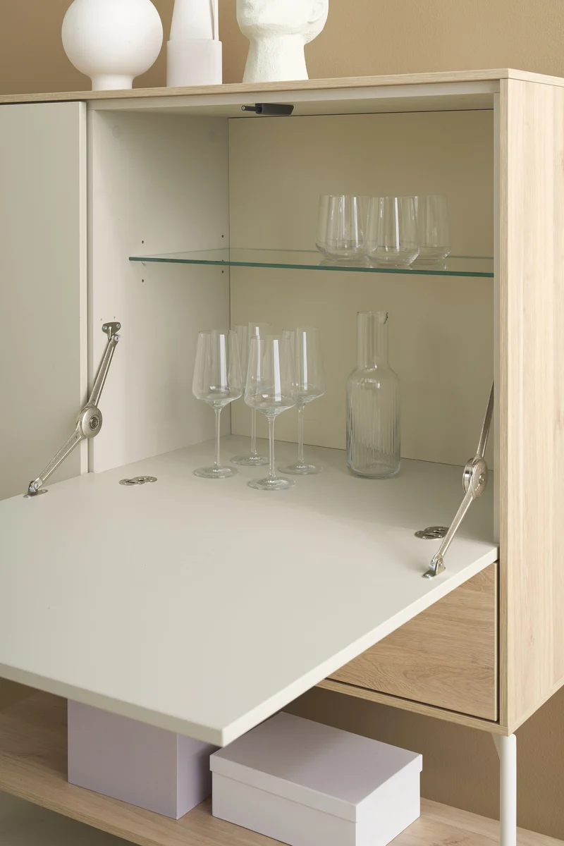 Highboard LABOE 03, Korpus und Fronten in Melamin, Eichefarbig Bianco hell und seidengrau