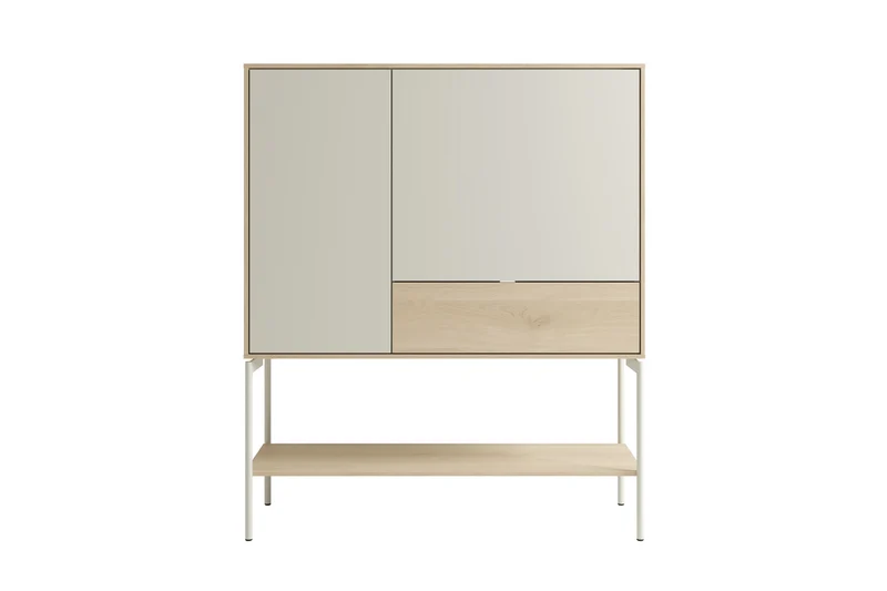 Highboard LABOE 03, Korpus und Fronten in Melamin, Eichefarbig Bianco hell und seidengrau