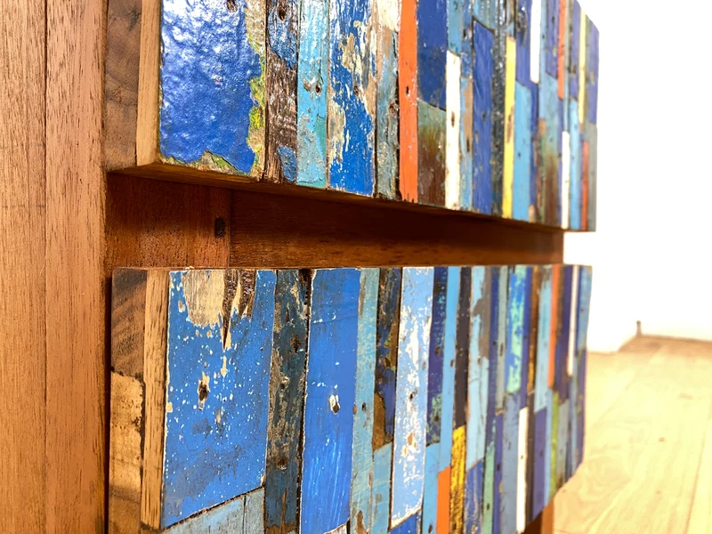 Boatwood by WMK # 1/2 Einzigartiger Nachttisch mit Schubladen, ein aus altem Bootsholz handgefertigtes Unikat aus massivem Teakholz