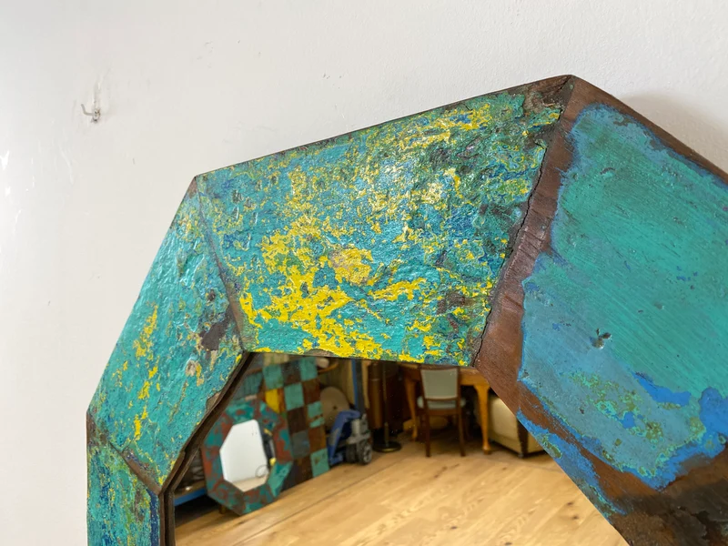 Boatwood by WMK # Großer achtkantiger Wandspiegel in Meeresblau, ein aus altem Bootsholz handgefertigtes Unikat aus Teakholz