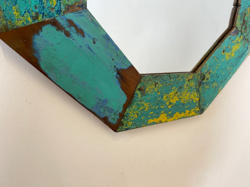 Boatwood by WMK # Großer achtkantiger Wandspiegel in Meeresblau, ein aus altem Bootsholz handgefertigtes Unikat aus Teakholz