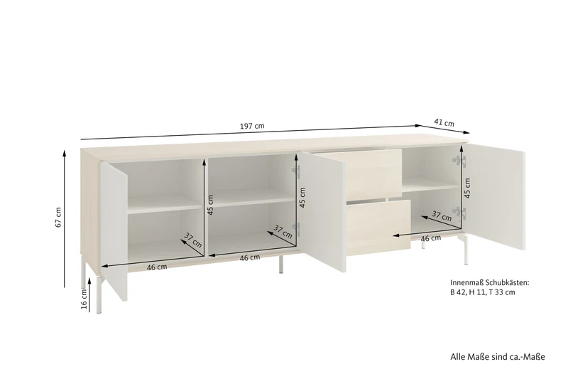 Sideboard LABOE 02, Korpus und Fronten in Melamin, Eichefarbig Bianco hell und seidengrau