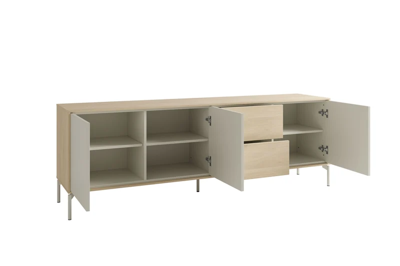 Sideboard LABOE 02, Korpus und Fronten in Melamin, Eichefarbig Bianco hell und seidengrau