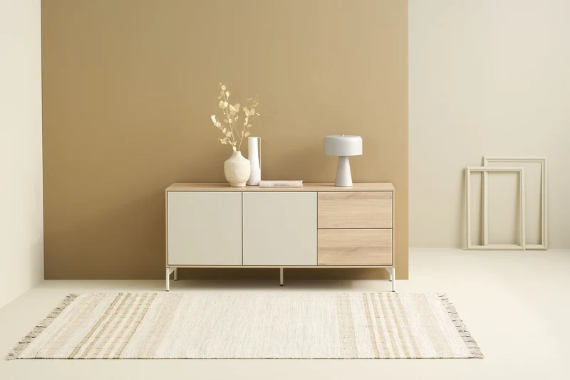 Sideboard LABOE 01, Korpus und Fronten in Melamin, Eichefarbig Bianco hell und seidengrau