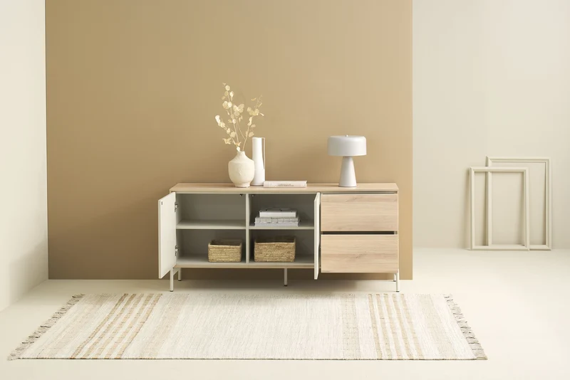 Sideboard LABOE 01, Korpus und Fronten in Melamin, Eichefarbig Bianco hell und seidengrau