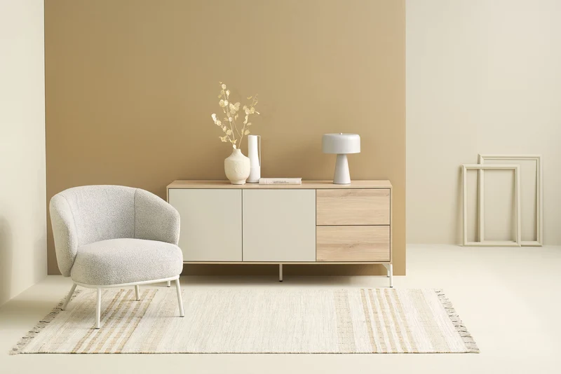 Sideboard LABOE 01, Korpus und Fronten in Melamin, Eichefarbig Bianco hell und seidengrau
