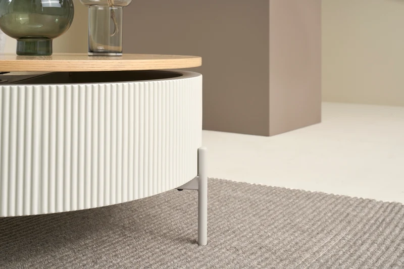 Couchtisch HEROY 01, Drehplatte in Echtholzfurnier Eichefarbig Tobacco, Korpus und Füße in schwarz oder Drehplatte in Echtholzfurnier Eichefarbig Bianco, Korpus und Füße in seidengrau