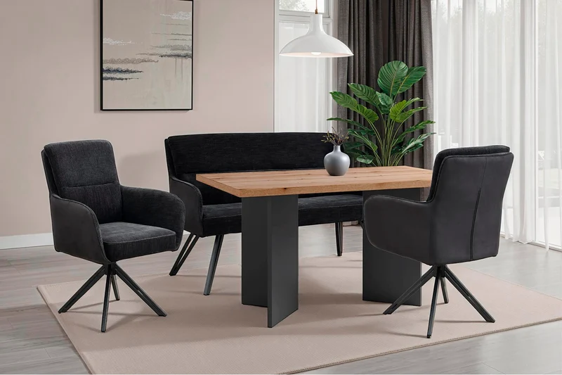 Bank TINO / Webstoff und Mikrofaser Bezug schwarz oder hellgrau / Gestell in schwarz / Aufgedoppelter Rücken / Küchenbank, Sitzbank, Esszimmerbank / B 140 x H 94 x T 67 cm oder B 160 x H 94 x T 67 cm