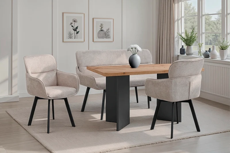 Bank RICO / Webstoffbezug in dunkelgrau oder taupe, Gestell in schwarz / Taschenfederkern, aufgedoppelter Rücken / Esszimmerbank, Sitzbank / B 140 x H 90 x T 62 cm oder B 160 x H 90 x T 62 cm