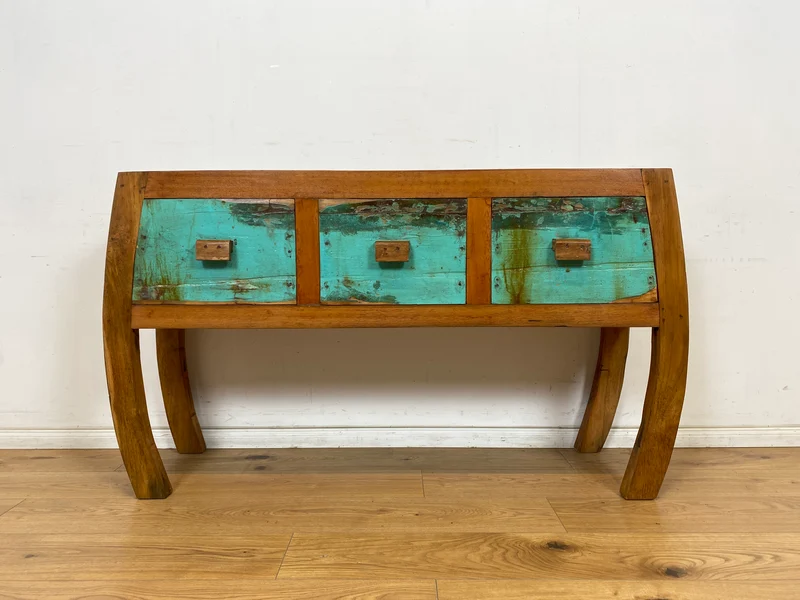 Boatwood by WMK # Formschönes Sideboard mit drei Schubladen, ein aus altem Bootsholz handgefertigtes Unikat aus massivem Teakholz