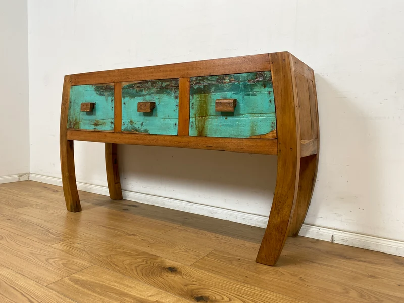 Boatwood by WMK # Formschönes Sideboard mit drei Schubladen, ein aus altem Bootsholz handgefertigtes Unikat aus massivem Teakholz