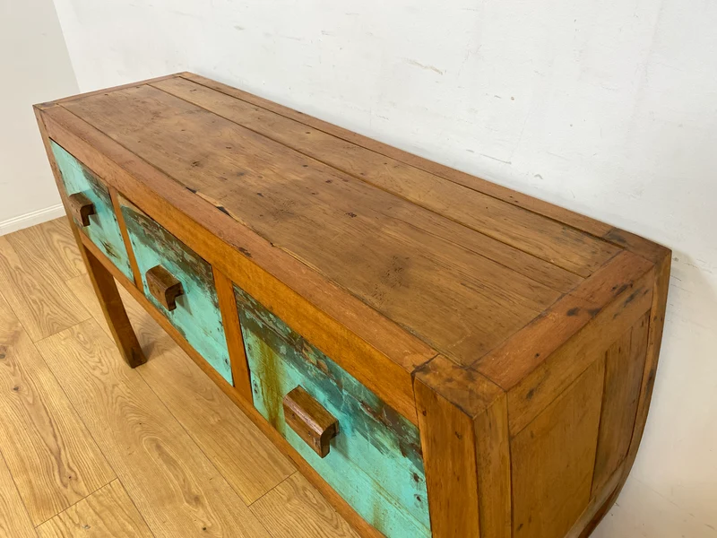 Boatwood by WMK # Formschönes Sideboard mit drei Schubladen, ein aus altem Bootsholz handgefertigtes Unikat aus massivem Teakholz