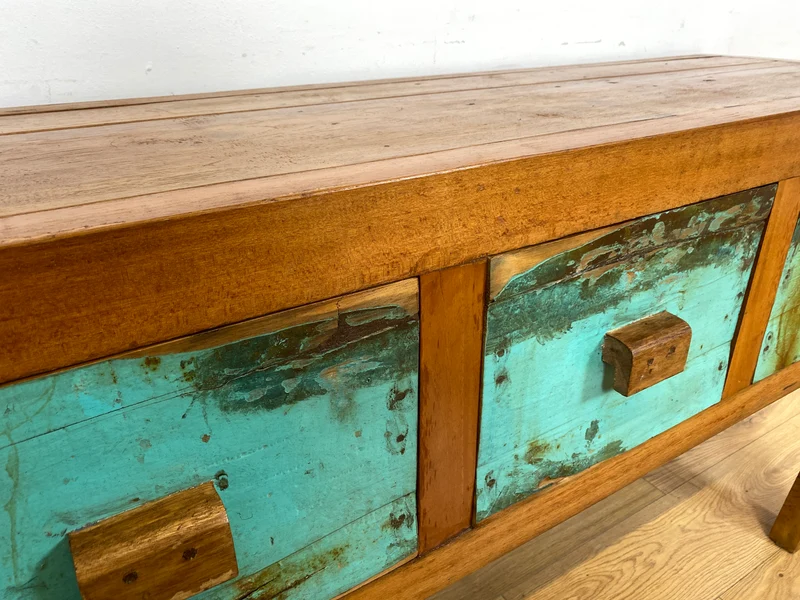 Boatwood by WMK # Formschönes Sideboard mit drei Schubladen, ein aus altem Bootsholz handgefertigtes Unikat aus massivem Teakholz