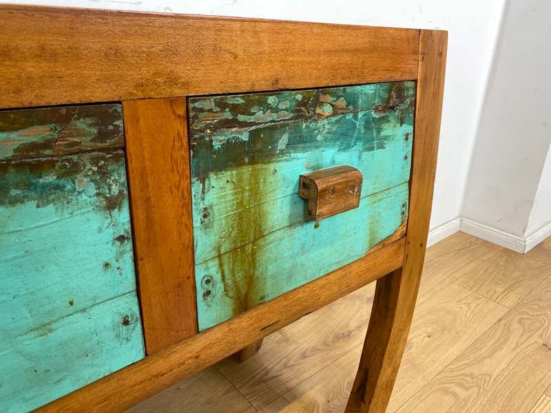Boatwood by WMK # Formschönes Sideboard mit drei Schubladen, ein aus altem Bootsholz handgefertigtes Unikat aus massivem Teakholz