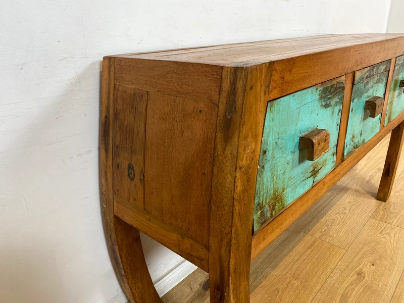 Boatwood by WMK # Formschönes Sideboard mit drei Schubladen, ein aus altem Bootsholz handgefertigtes Unikat aus massivem Teakholz