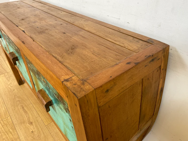 Boatwood by WMK # Formschönes Sideboard mit drei Schubladen, ein aus altem Bootsholz handgefertigtes Unikat aus massivem Teakholz