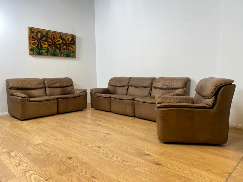 WMK Schöne & äußerst bequeme modulare Vintage Sitzgarnitur aus Sessel , 2er & 3er Sofa in Echtleder mit Patina
