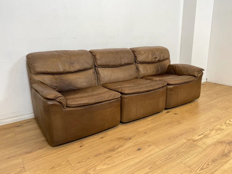 WMK Schöne & äußerst bequeme modulare Vintage Sitzgarnitur aus Sessel , 2er & 3er Sofa in Echtleder mit Patina