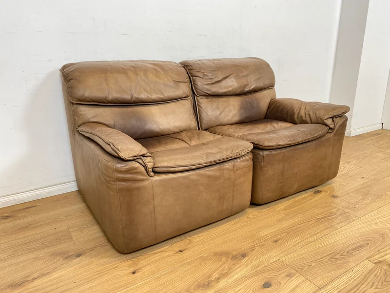 WMK Schöne & äußerst bequeme modulare Vintage Sitzgarnitur aus Sessel , 2er & 3er Sofa in Echtleder mit Patina