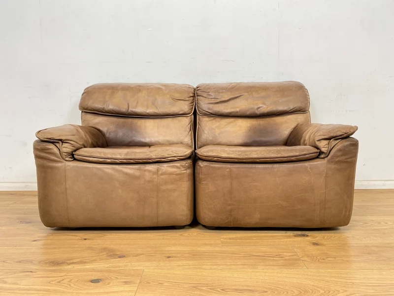 WMK Schöne & äußerst bequeme modulare Vintage Sitzgarnitur aus Sessel , 2er & 3er Sofa in Echtleder mit Patina