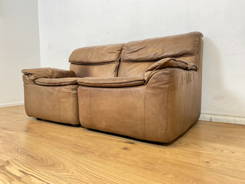 WMK Schöne & äußerst bequeme modulare Vintage Sitzgarnitur aus Sessel , 2er & 3er Sofa in Echtleder mit Patina