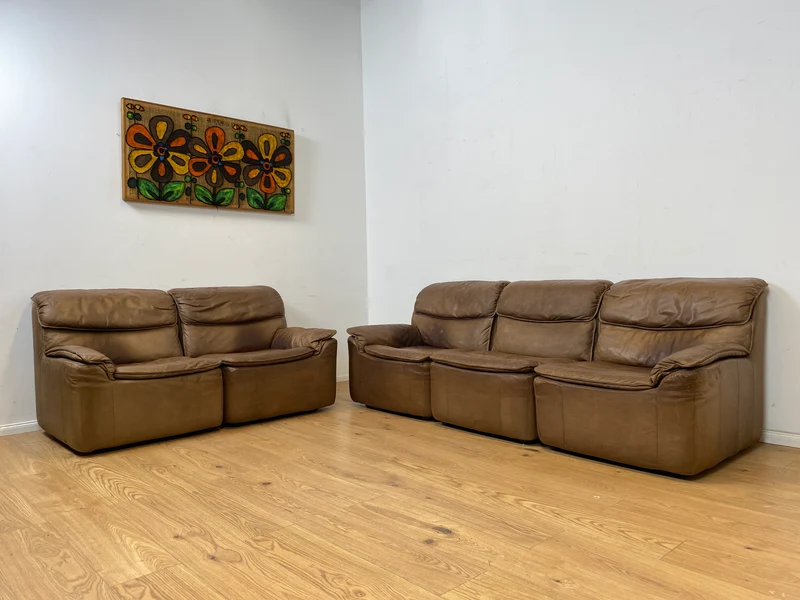WMK Schöne & äußerst bequeme modulare Vintage Sitzgarnitur aus Sessel , 2er & 3er Sofa in Echtleder mit Patina