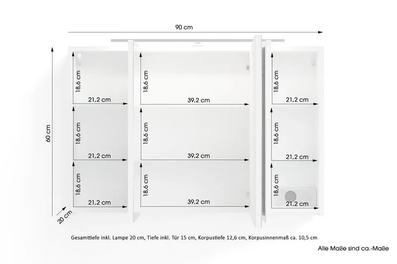 Spiegelschrank SPREE / Korpus matt weiß oder anthrazit mit Spiegeltüren / Hängeschrank mit Soft-Close-Funktion / Inklusive LED-Beleuchtung / Badschrank mit Stecker- und Schalterdose / B 90, H 60, T 20 cm