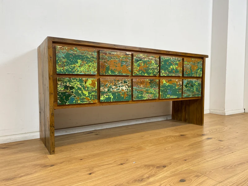 Boatwood by WMK # Einzigartiges Sideboard mit Schubladen, ein aus altem Bootsholz handgefertigtes Unikat aus massivem Teakholz