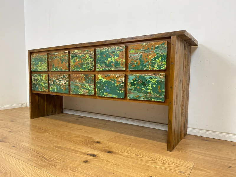 Boatwood by WMK # Einzigartiges Sideboard mit Schubladen, ein aus altem Bootsholz handgefertigtes Unikat aus massivem Teakholz