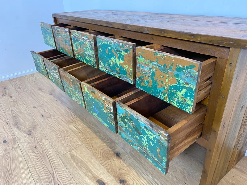 Boatwood by WMK # Einzigartiges Sideboard mit Schubladen, ein aus altem Bootsholz handgefertigtes Unikat aus massivem Teakholz