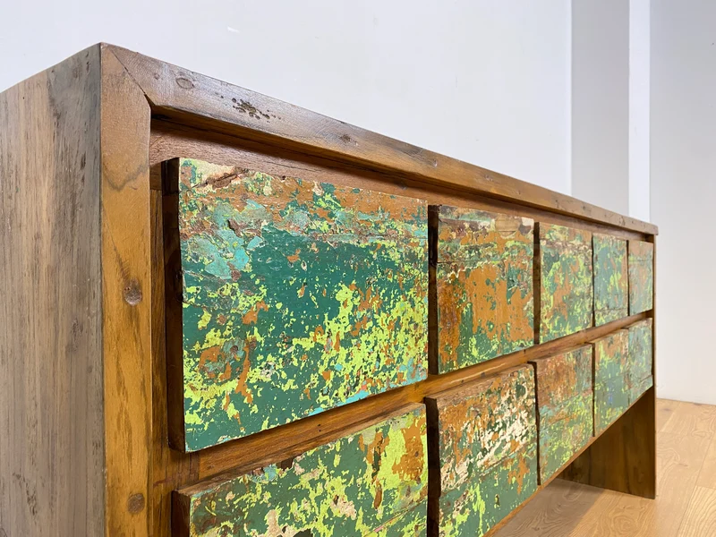 Boatwood by WMK # Einzigartiges Sideboard mit Schubladen, ein aus altem Bootsholz handgefertigtes Unikat aus massivem Teakholz