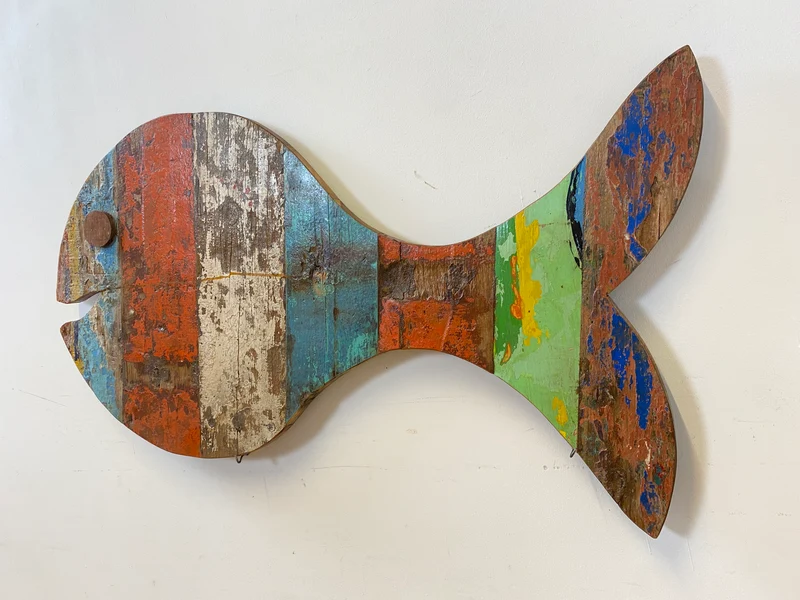 Boatwood by WMK # 1/4 Großer nachhaltiger Südseefisch (ca. 105x53cm) aus altem Bootsholz, ein handgefertigtes Unikat aus massivem Teakholz
