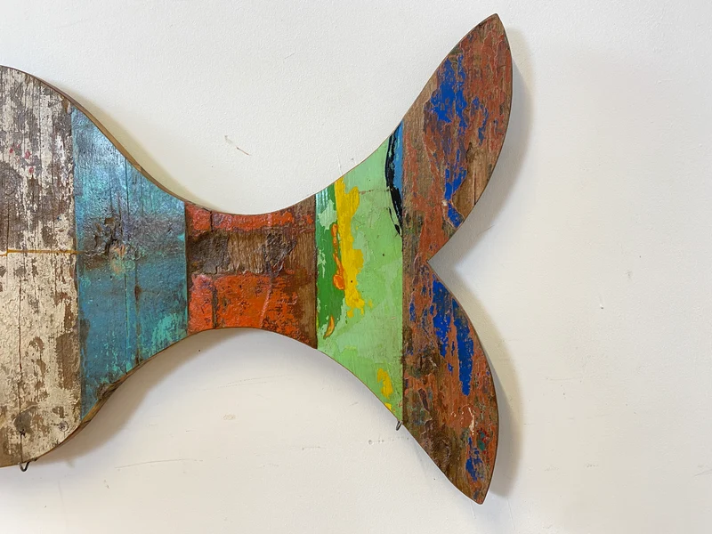 Boatwood by WMK # 1/4 Großer nachhaltiger Südseefisch (ca. 105x53cm) aus altem Bootsholz, ein handgefertigtes Unikat aus massivem Teakholz