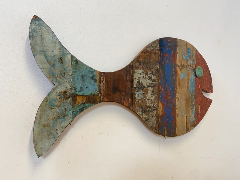 Boatwood by WMK # 1/4 Großer nachhaltiger Südseefisch (ca. 105x53cm) aus altem Bootsholz, ein handgefertigtes Unikat aus massivem Teakholz