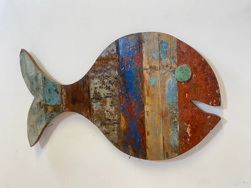 Boatwood by WMK # 1/4 Großer nachhaltiger Südseefisch (ca. 105x53cm) aus altem Bootsholz, ein handgefertigtes Unikat aus massivem Teakholz