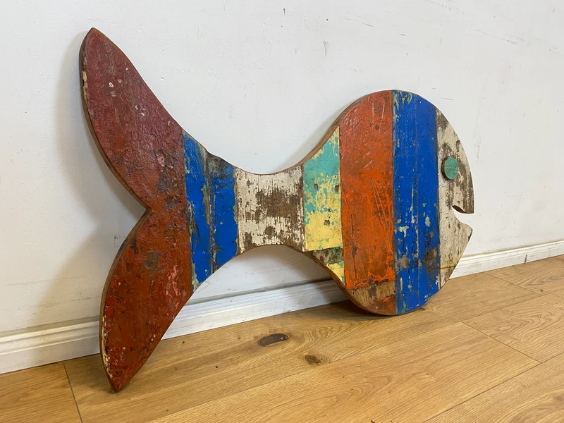 Boatwood by WMK # 1/4 Großer nachhaltiger Südseefisch (ca. 105x53cm) aus altem Bootsholz, ein handgefertigtes Unikat aus massivem Teakholz