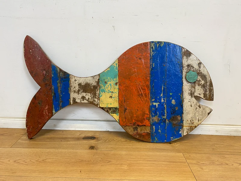 Boatwood by WMK # 1/4 Großer nachhaltiger Südseefisch (ca. 105x53cm) aus altem Bootsholz, ein handgefertigtes Unikat aus massivem Teakholz