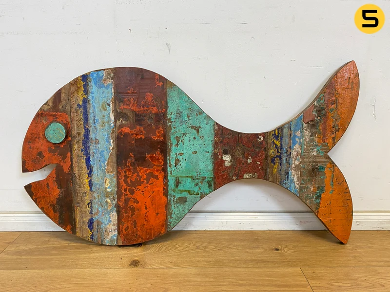 Boatwood by WMK # 1/4 Großer nachhaltiger Südseefisch (ca. 105x53cm) aus altem Bootsholz, ein handgefertigtes Unikat aus massivem Teakholz