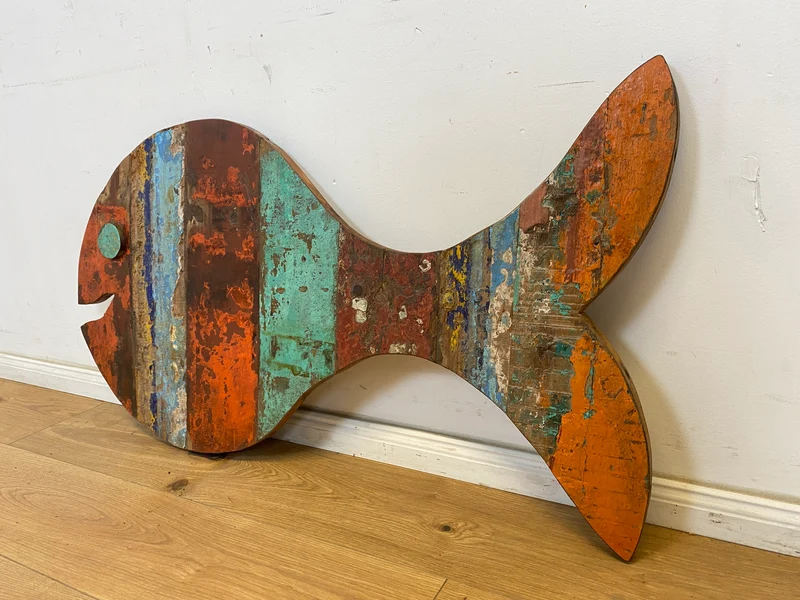Boatwood by WMK # 1/4 Großer nachhaltiger Südseefisch (ca. 105x53cm) aus altem Bootsholz, ein handgefertigtes Unikat aus massivem Teakholz