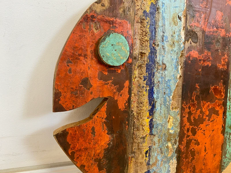 Boatwood by WMK # 1/4 Großer nachhaltiger Südseefisch (ca. 105x53cm) aus altem Bootsholz, ein handgefertigtes Unikat aus massivem Teakholz