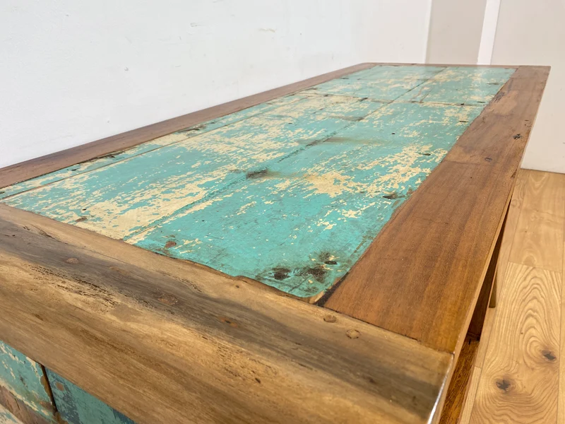 Boatwood by WMK # Formschöner und beidseitig verwendbarer Schreibtisch aus altem Bootsholz, ein handgefertigtes Unikat aus massivem Teakholz