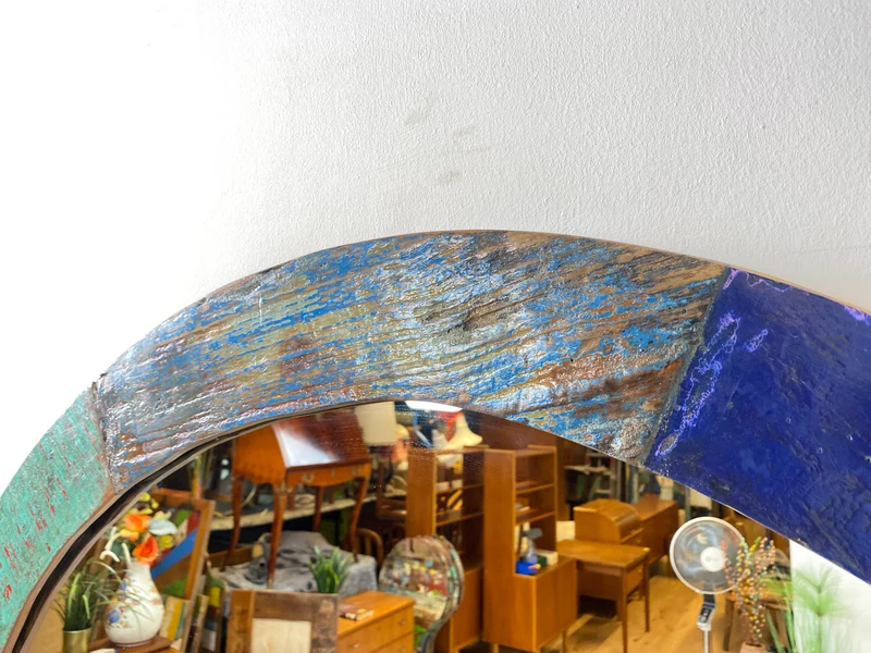 Boatwood by WMK # Großer runder Wandspiegel aus altem Bootsholz, ein handgefertigtes Unikat aus Teakholz in Originalfarben der Boote