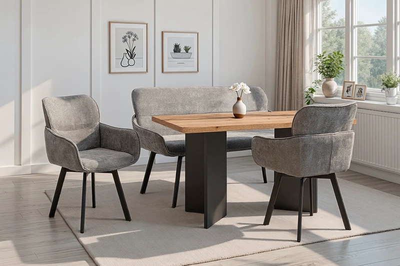 Stuhl 2-er Set RICO / Webstoffbezug in dunkelgrau oder taupe, Gestell in schwarz / 360° drehbar / Esszimmerstuhl / Küchenstuhl / B 61 x H 90 x T 63 cm