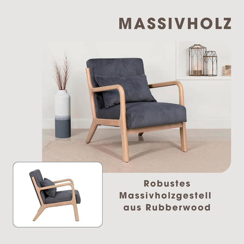 Sessel NOHR / Grob-Cord off-white oder grau / Gestell und Armlehnen Massivholz natur / B 65,5, H 78, T 84 cm