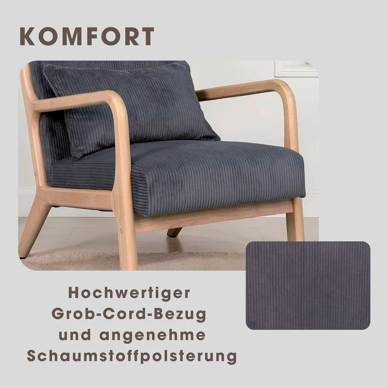 Sessel NOHR / Grob-Cord off-white oder grau / Gestell und Armlehnen Massivholz natur / B 65,5, H 78, T 84 cm