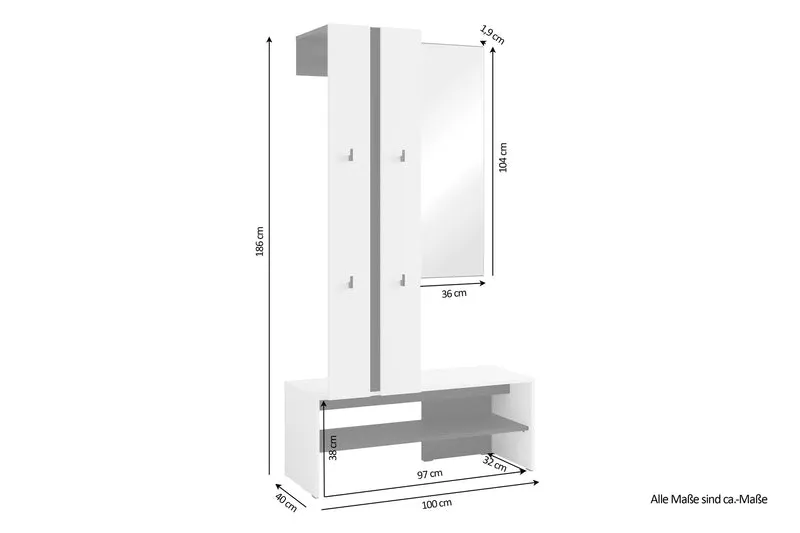 Kompaktgarderobe NANTE / Artisan Eiche (Eiche-Optik) oder weiß, Absetzung in schwarz / Spiegel, Kleiderstange, offene Fächer / Garderobenmöbel / Flurgarderobe / Maße: B 100, H 186, T 40 cm