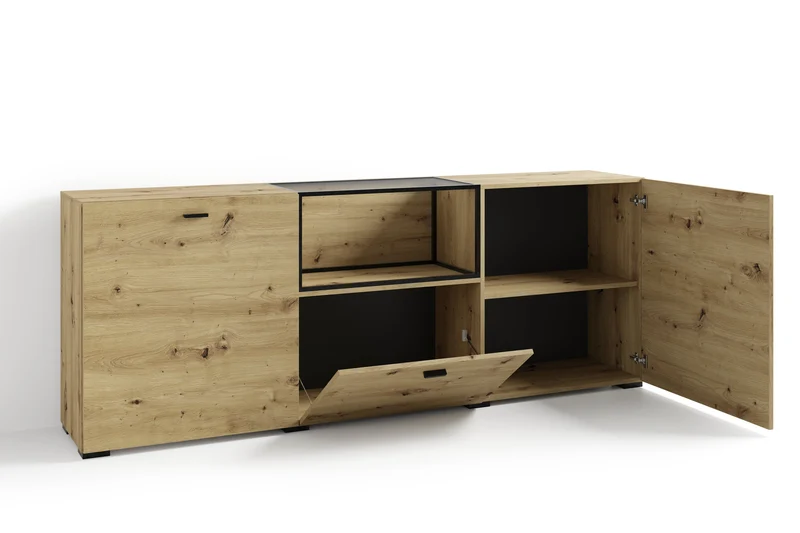 Sideboard FRAME / Artisan Eiche (Eiche-Optik) / Fach mit Metallrahmen und Glasablage, verstellbare Böden / Anrichte / Kommode / Maße: B 200, H 75,5, T 37,5 cm