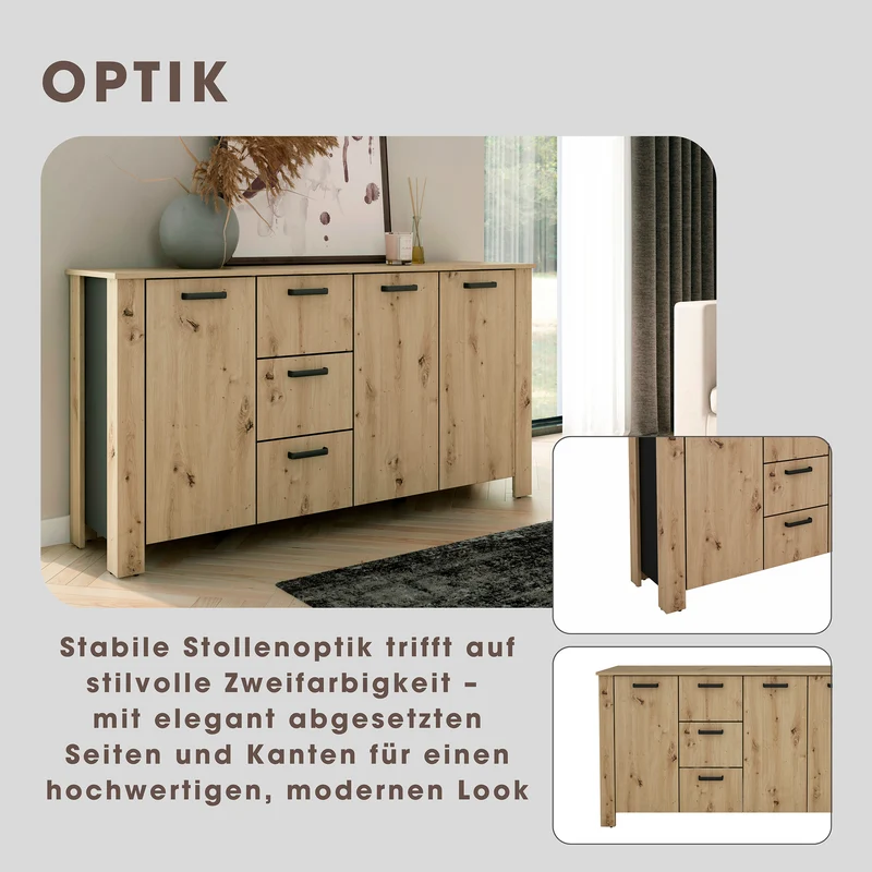 Sideboard FARO / Artisan Eiche (Eiche-Optik) oder weiß, Absetzung in schwarz / Stollenoptik / 3 Türen und 3 Schubkästen / verstellbare Einlegeböden / viel Stauraum / Kommode / Anrichte / Maße: B 160, H 84, T 40 cm