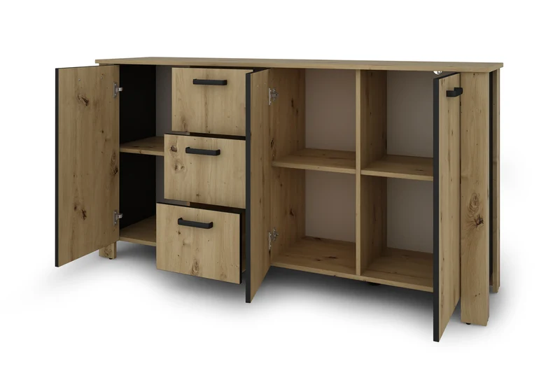 Sideboard FARO / Artisan Eiche (Eiche-Optik) oder weiß, Absetzung in schwarz / Stollenoptik / 3 Türen und 3 Schubkästen / verstellbare Einlegeböden / viel Stauraum / Kommode / Anrichte / Maße: B 160, H 84, T 40 cm